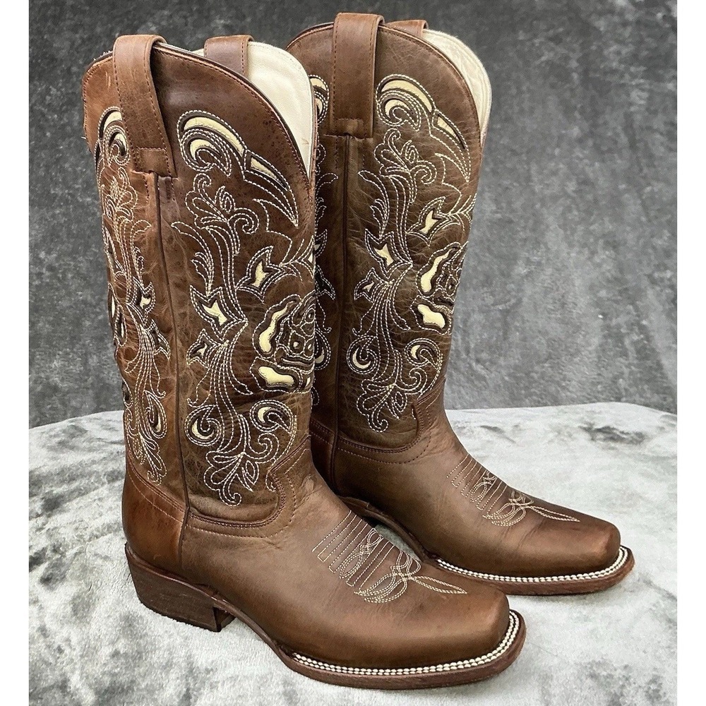 JB DILLON Reserve Women's Brown Leather Square Toe Cowboy Boots Inlays Sz 7B